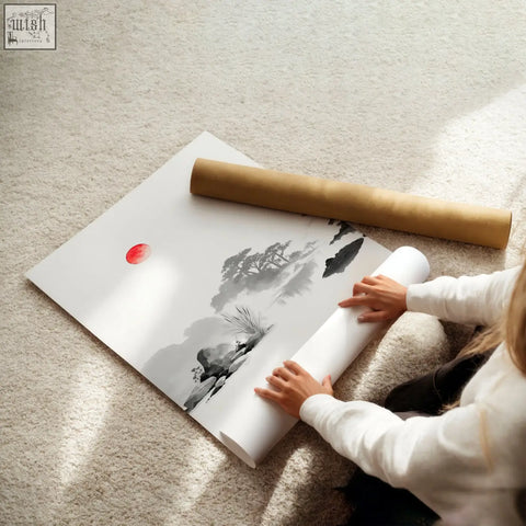 Minimalist black white ink wash living room picture with red sun on white paper for japandi zen wall art set