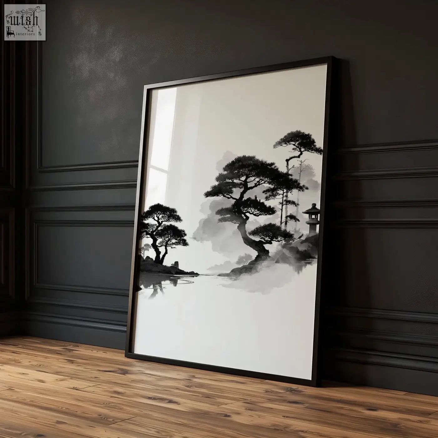 Black-framed minimalist ink wash living room picture with stylized pine trees pagoda and red sun wall art set of 3