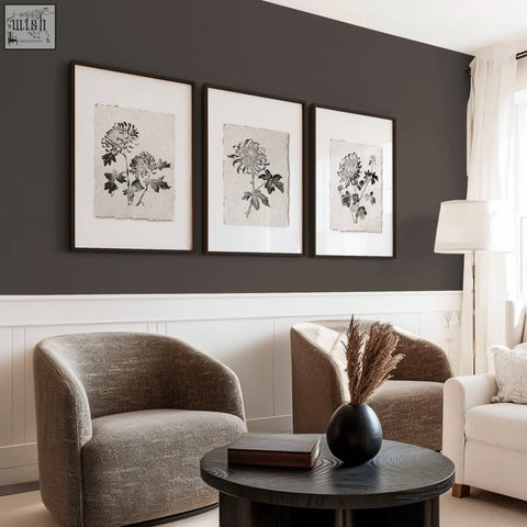 Black ceramic vase with dried pampas grass featured in living room prints botanical chrysanthemum set of 3