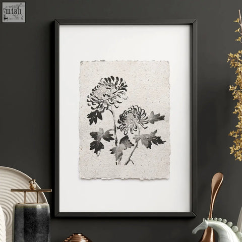 Black-framed living room prints set of 3 with delicate ink wash botanical chrysanthemum on beige handmade paper