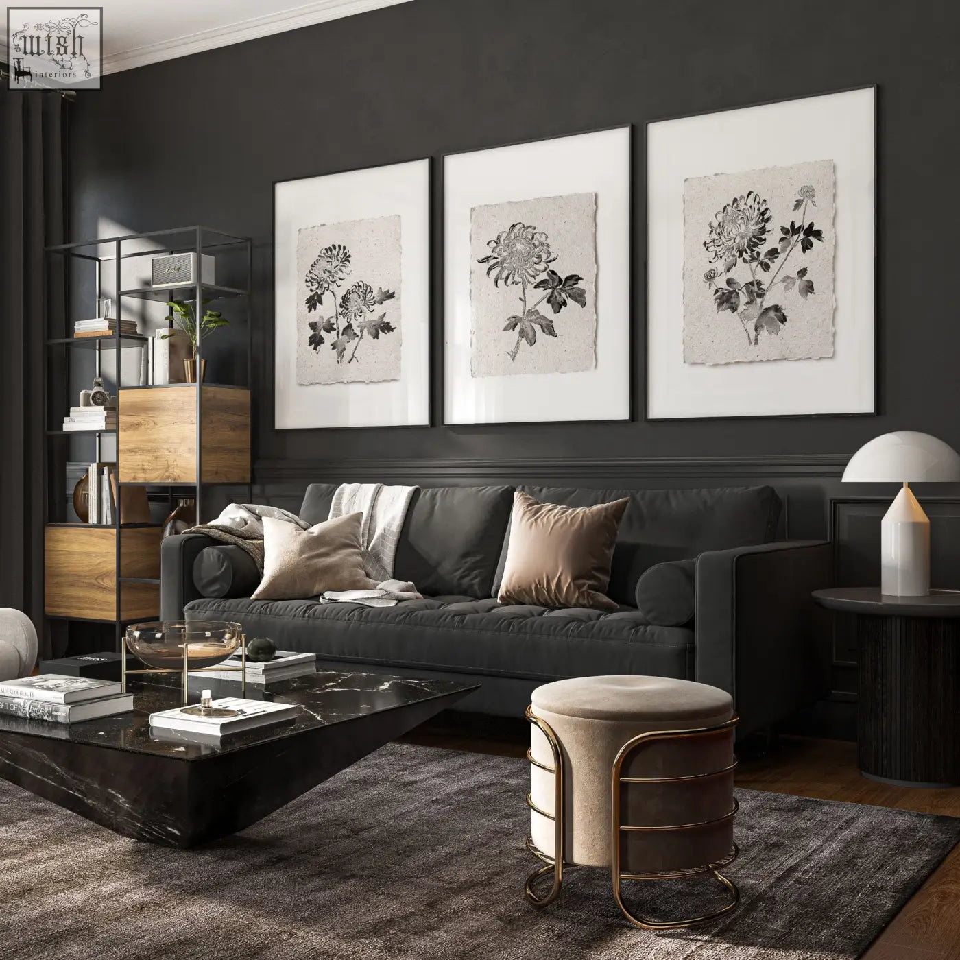 Dark gray upholstered sofa with beige and taupe pillows beside living room prints botanical chrysanthemum set of 3