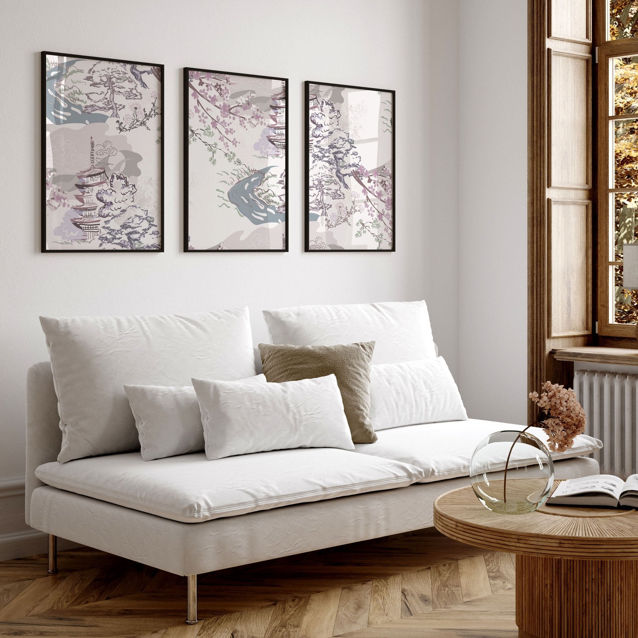 Set of 3 wall art for living room | set of 3 Chinoiserie wall art