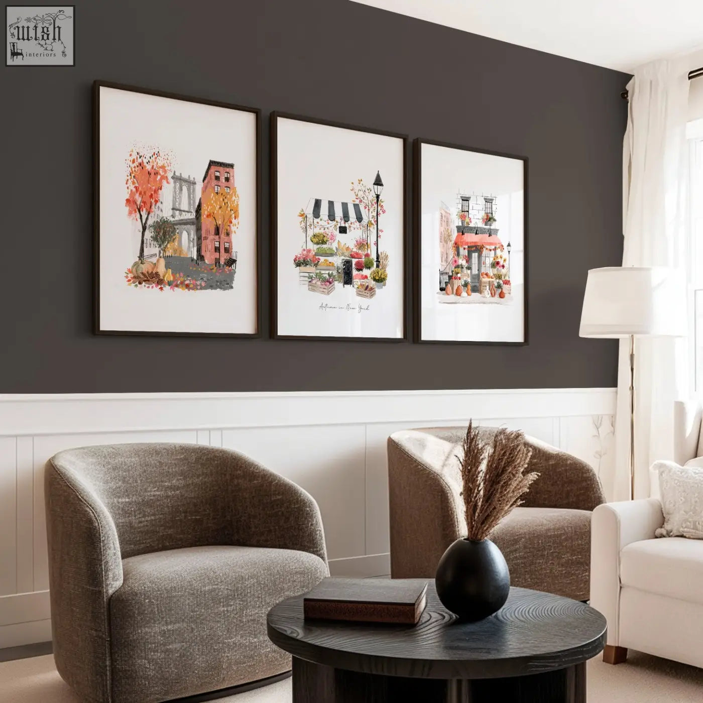 Black ceramic vase with dried pampas grass complements living room wall art autumn in new york set of 3 prints