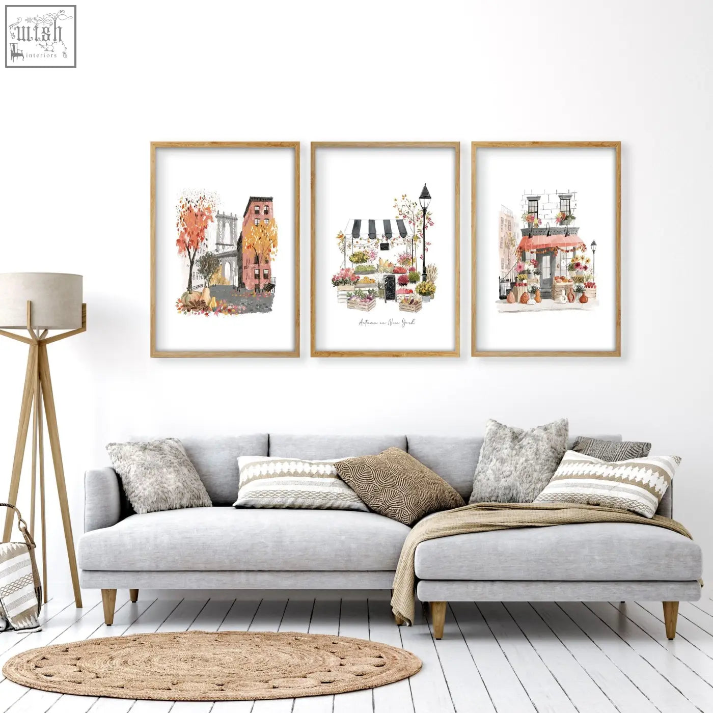 Three framed autumn in new york watercolor prints in light wood frames with white matting for living room wall art