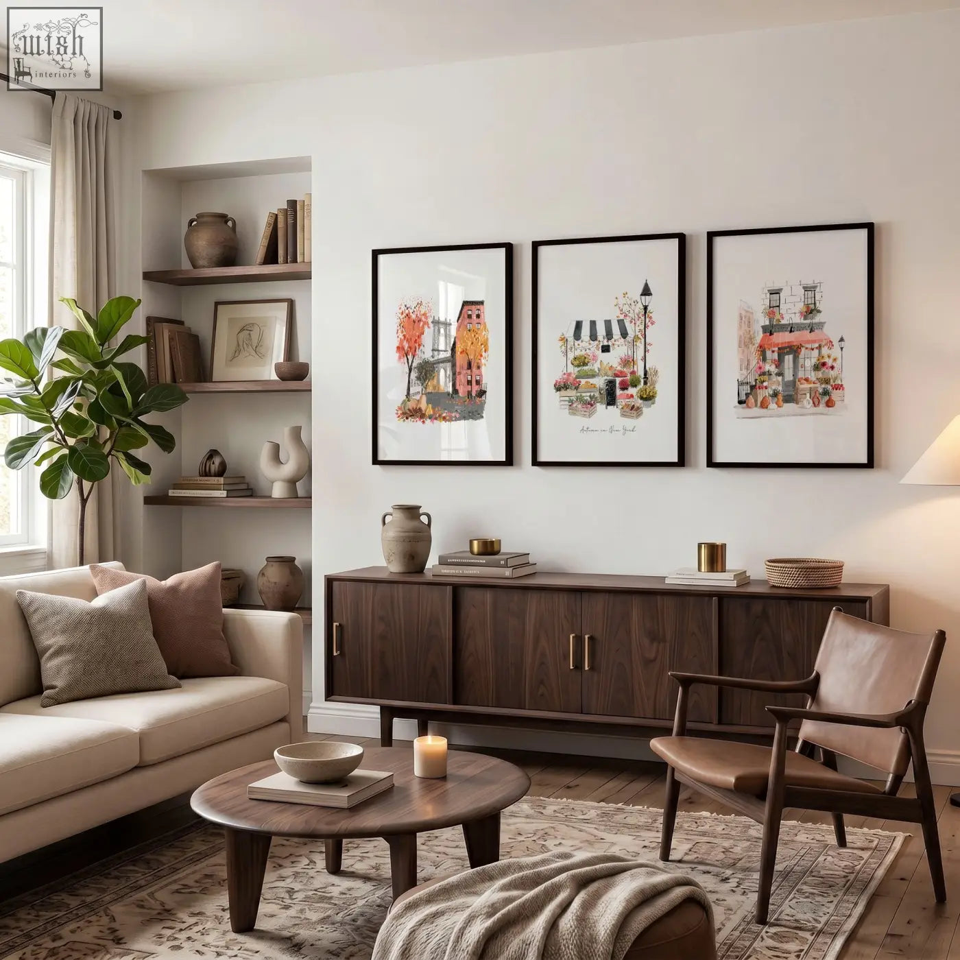 Dark wood mid-century modern sideboard with sleek metal handles beside autumn in new york living room wall art set