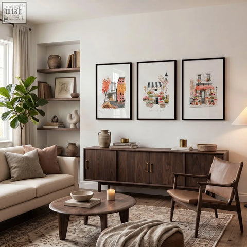 Dark wood mid-century modern sideboard with sleek metal handles beside autumn in new york living room wall art set