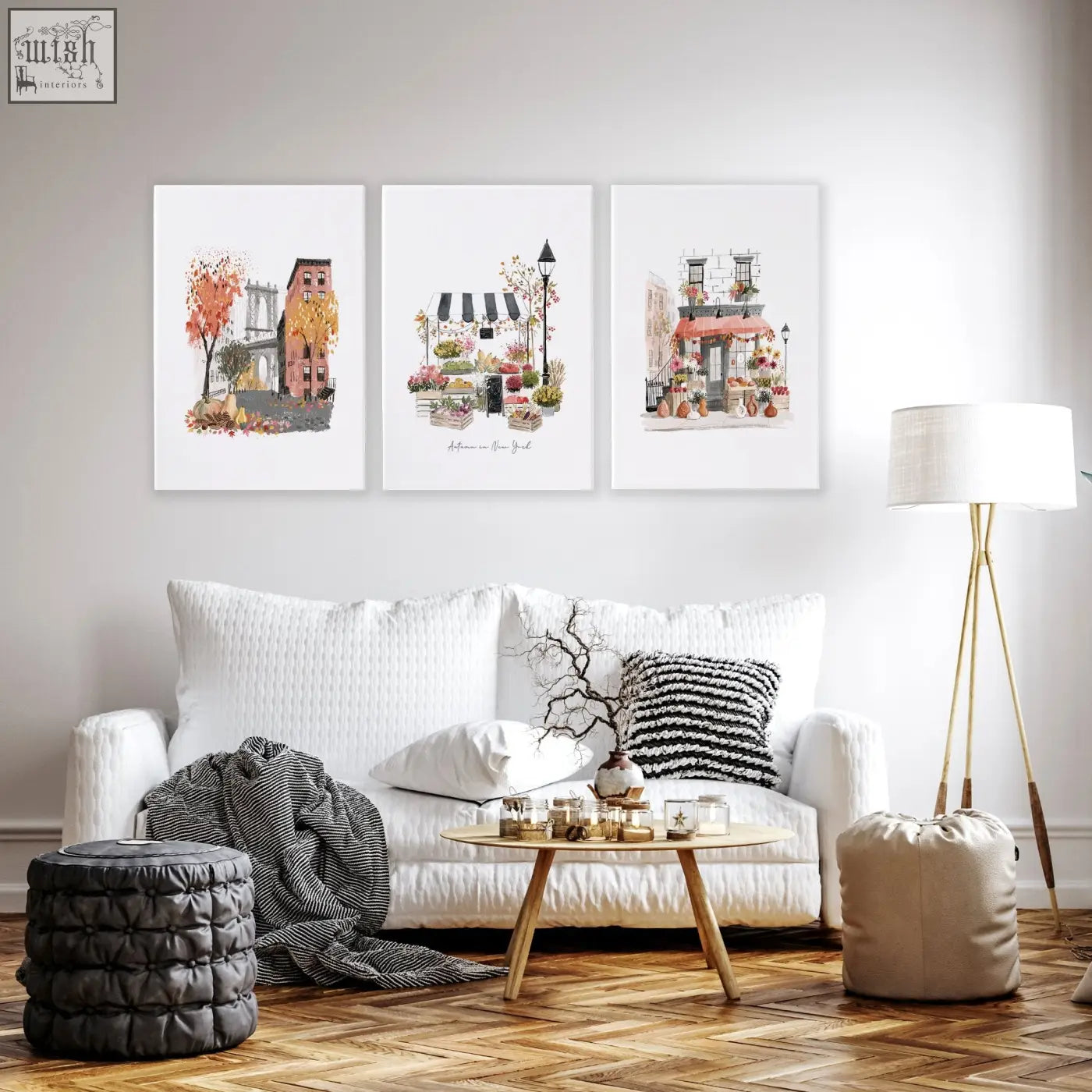 Set of three autumn new york cityscape watercolor prints with striped awnings for living room wall art display