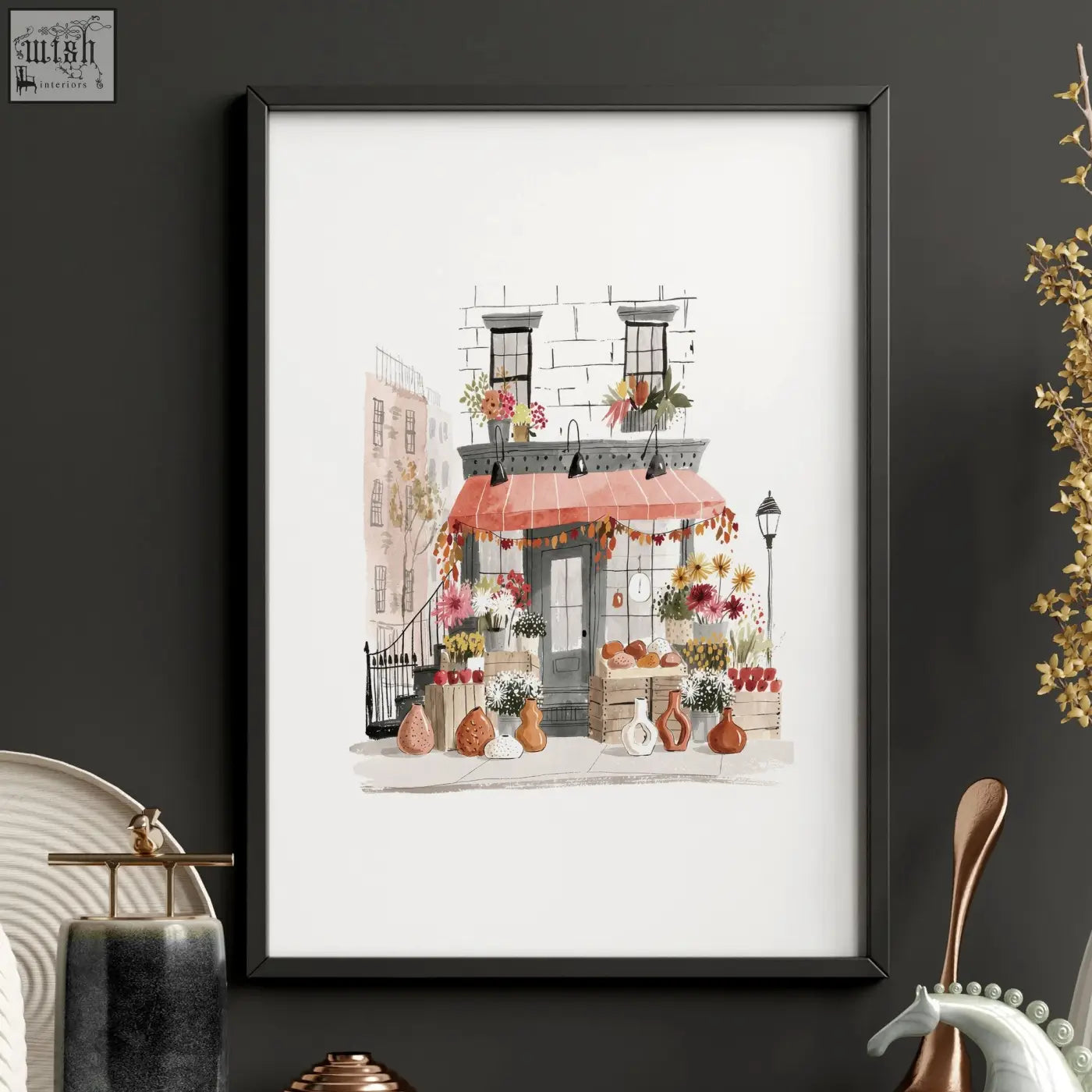 Black-framed watercolor wall art of autumn in new york flower shop with orange awning perfect for living room wall decor