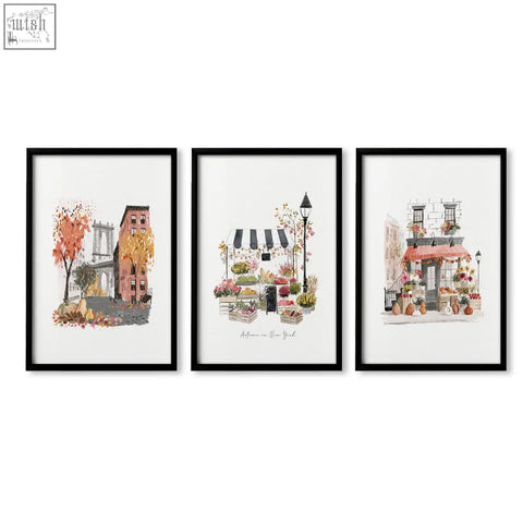 Set of three black-framed watercolor autumn cityscape prints for living room wall art in new york style