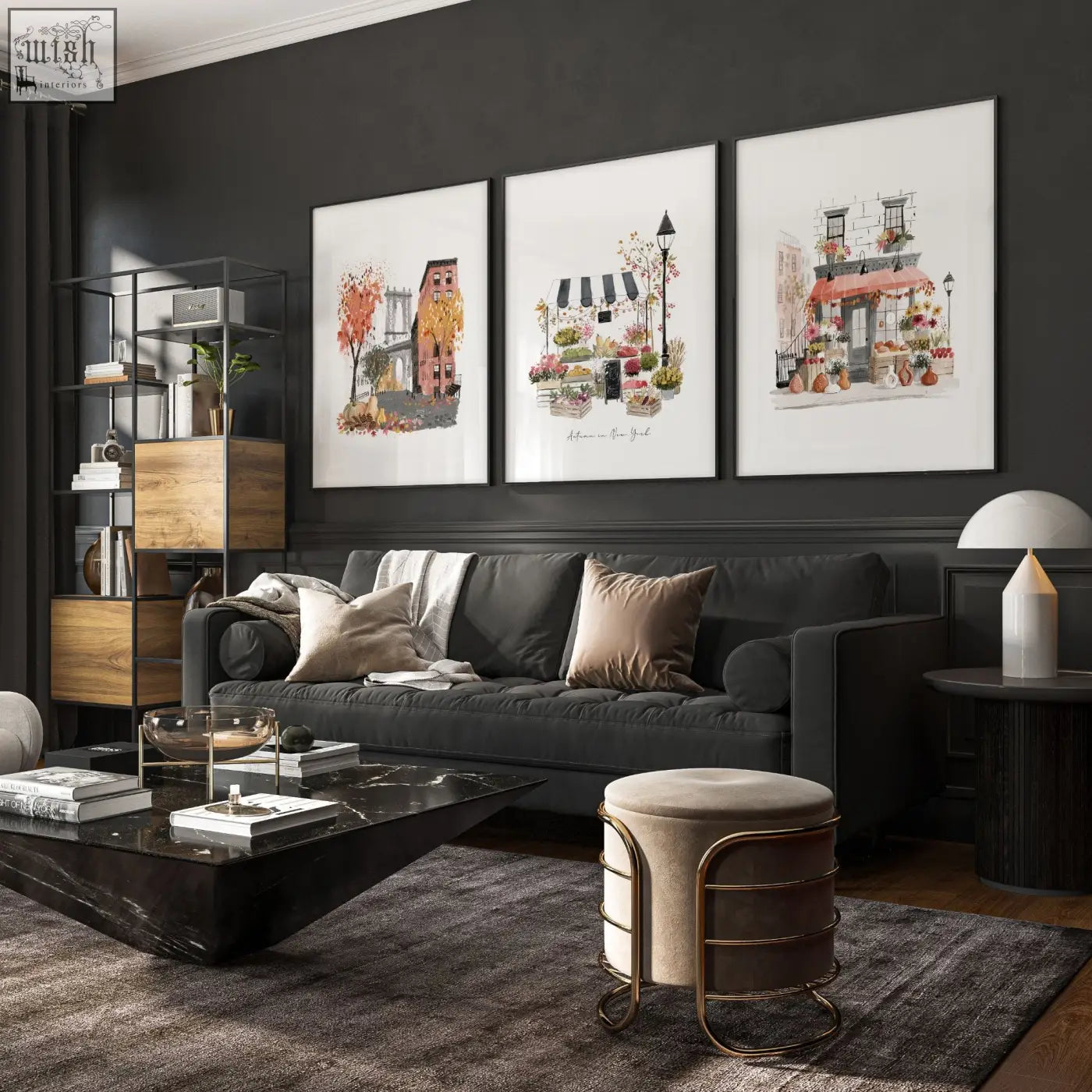 Dark gray upholstered sofa with beige and gray pillows below autumn in new york living room wall art set of 3 prints