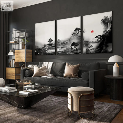 Black and white japanese ink landscape living room wall art triptych with misty mountains and red sun in sleek black frames