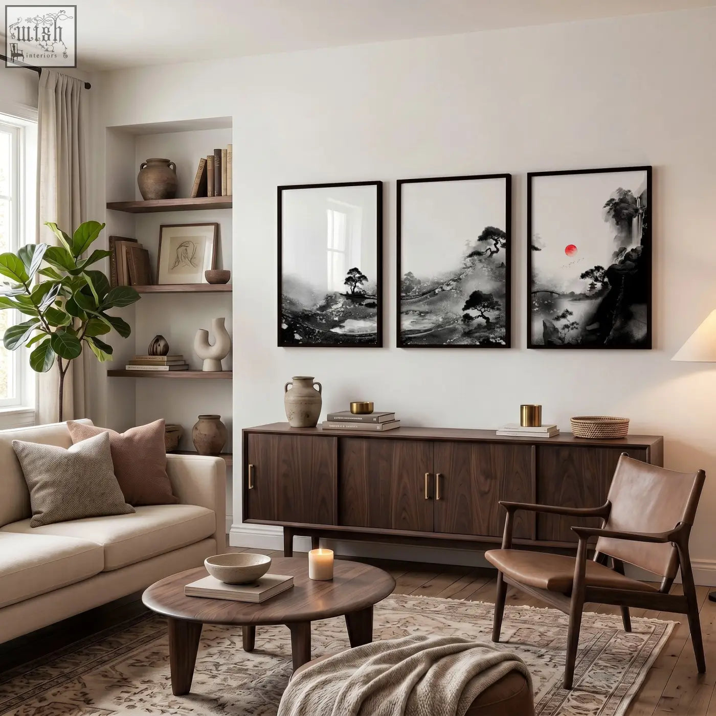 Three framed black and white japanese ink landscape wall art with a red sun set of 3 above dark wood sideboard in living room