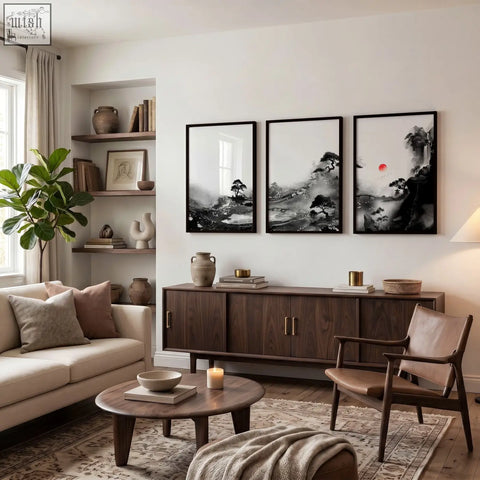Three framed black and white japanese ink landscape wall art with a red sun set of 3 above dark wood sideboard in living room