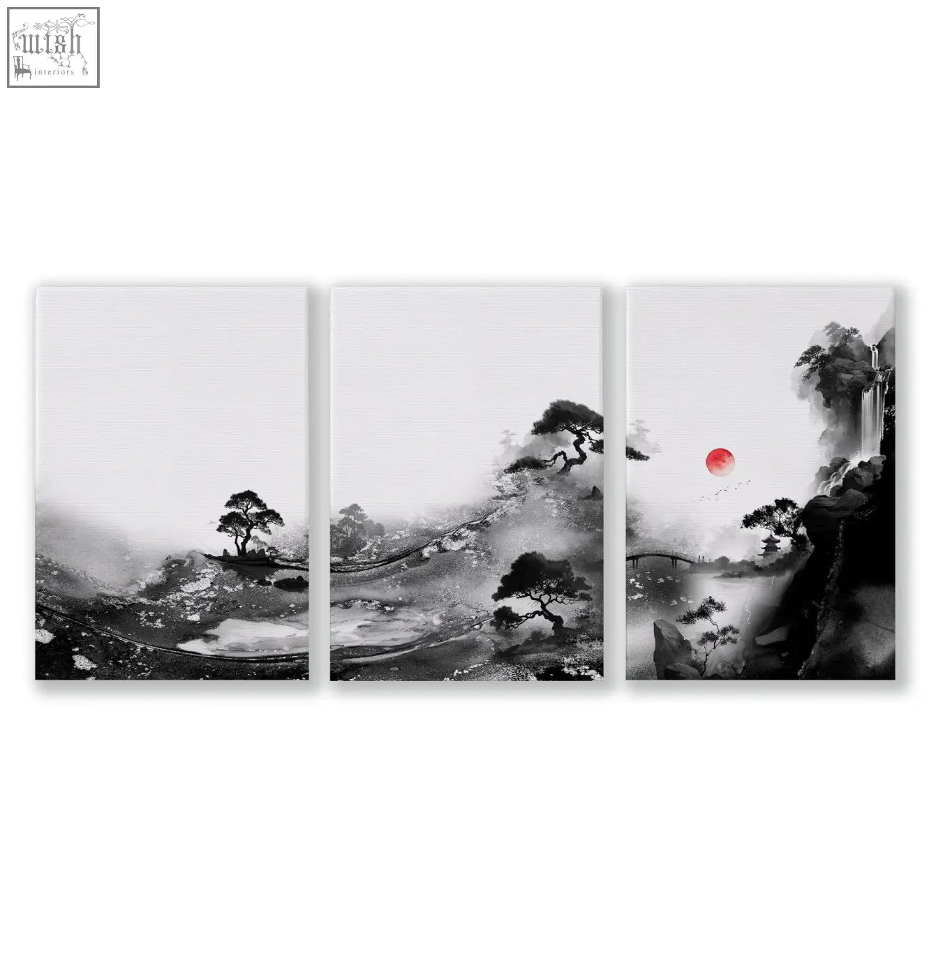Three-panel black-and-white japanese ink landscape wall art with red sun perfect for living room wall decor
