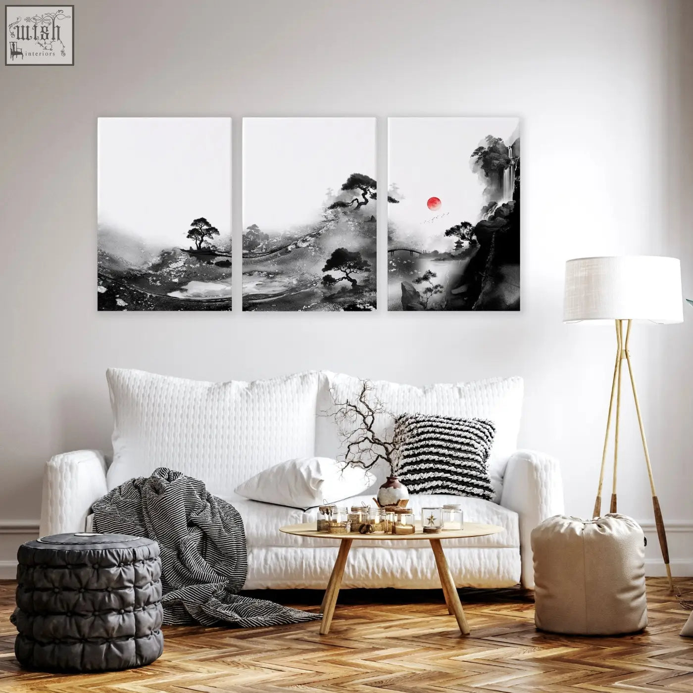 Three-panel black-and-white Japanese ink landscape wall art with a red sun ideal for living room wall decor