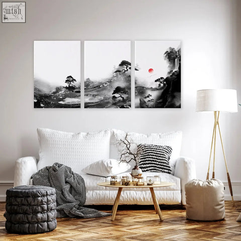 Three-panel black-and-white Japanese ink landscape wall art with a red sun ideal for living room wall decor