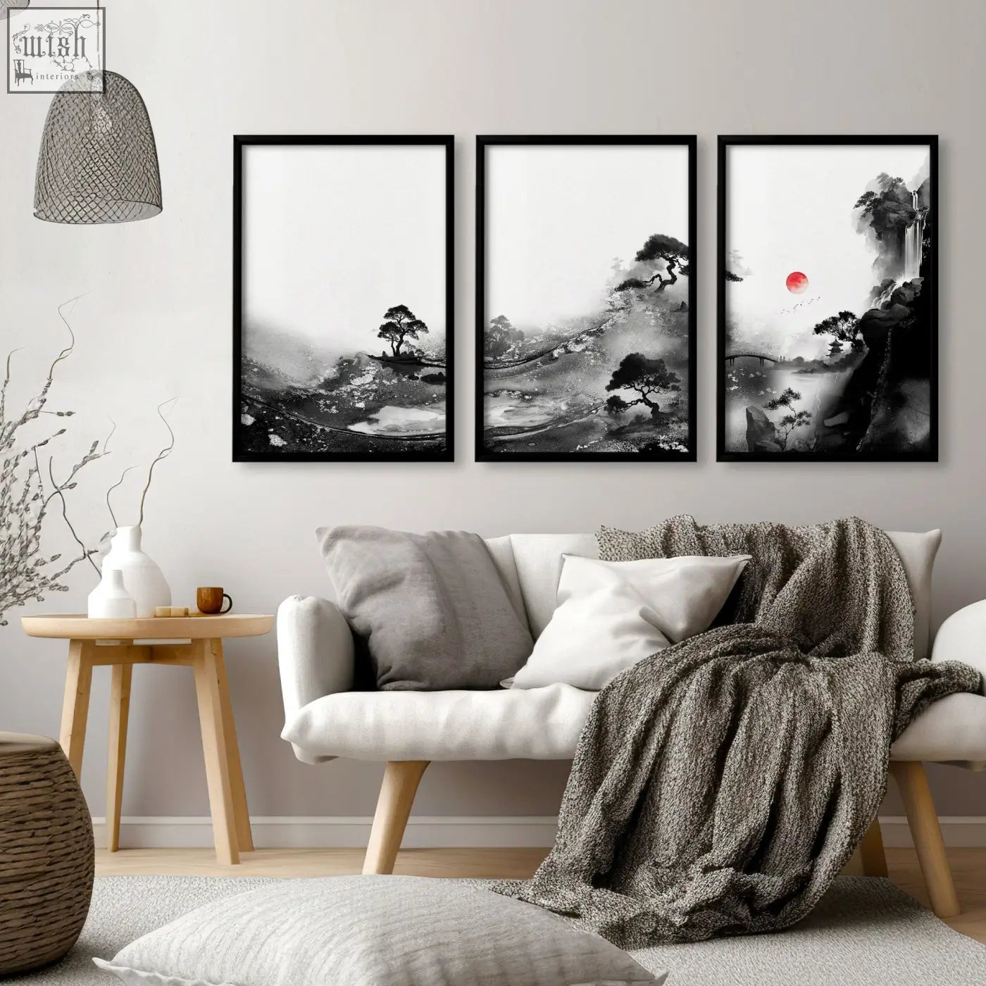 Three framed black and white japanese ink landscape wall art with red sun for living room wall decor set of 3