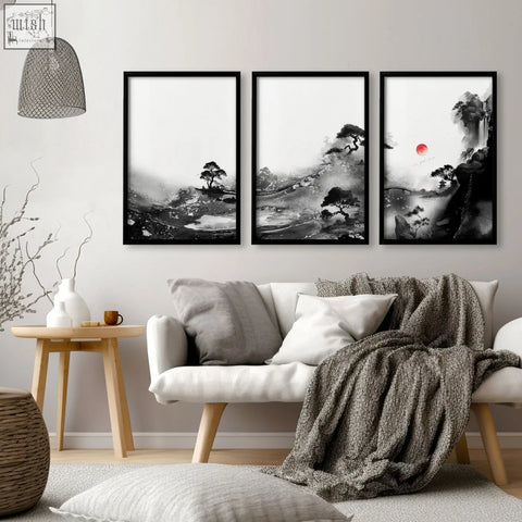 Three framed black and white japanese ink landscape wall art with red sun for living room wall decor set of 3