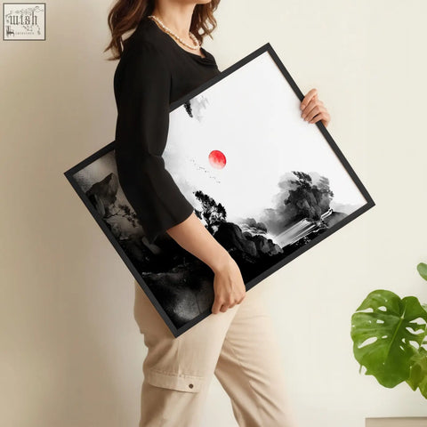 Black-framed living room wall art set of 3 minimalist japanese ink landscape prints with bold red sun and misty mountains