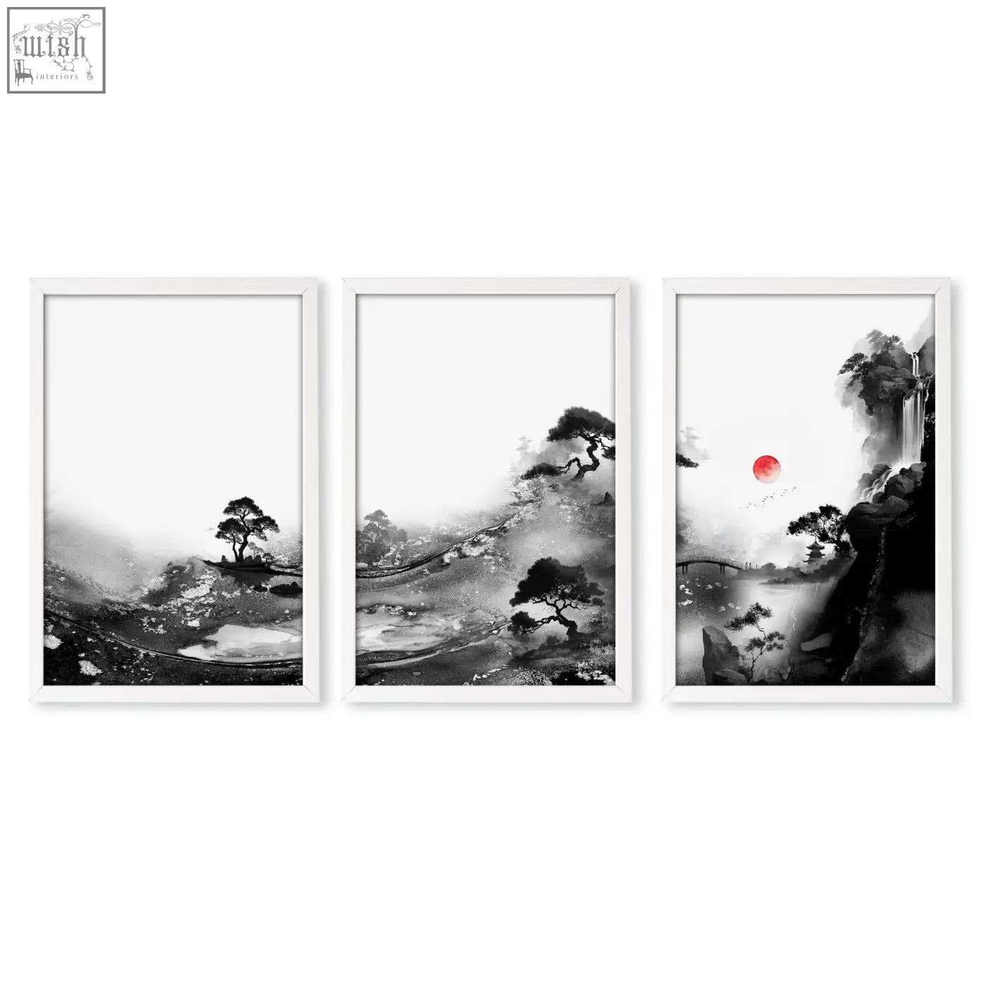 Set of 3 black and white japanese ink landscape wall art prints with red sun perfect for living room wall decor