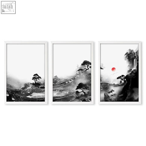 Set of 3 black and white japanese ink landscape wall art prints with red sun perfect for living room wall decor