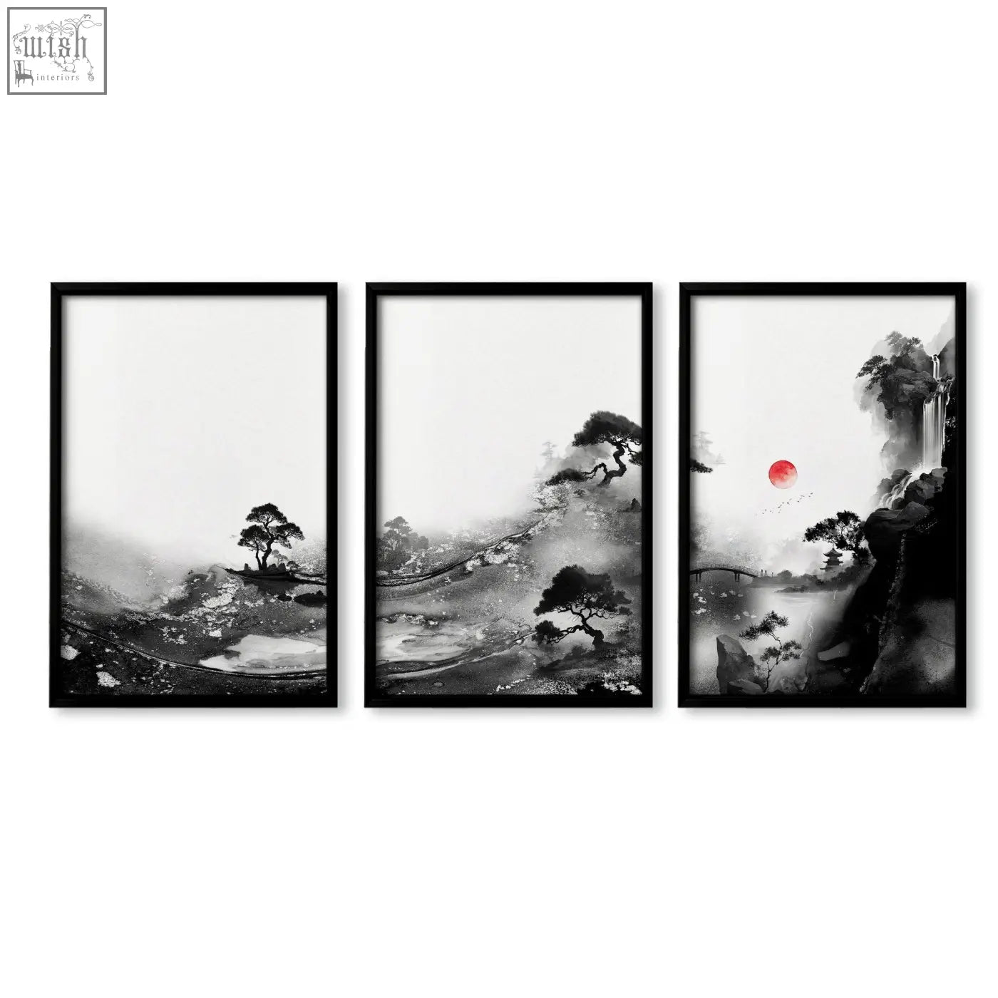 Set of three black-framed japanese ink wash living room wall art prints with misty mountains and red sun designs