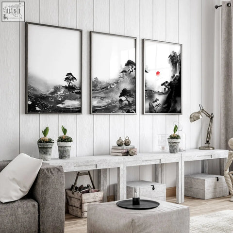 Three framed black and white japanese ink landscape prints with a red dot displayed as living room wall art set of 3