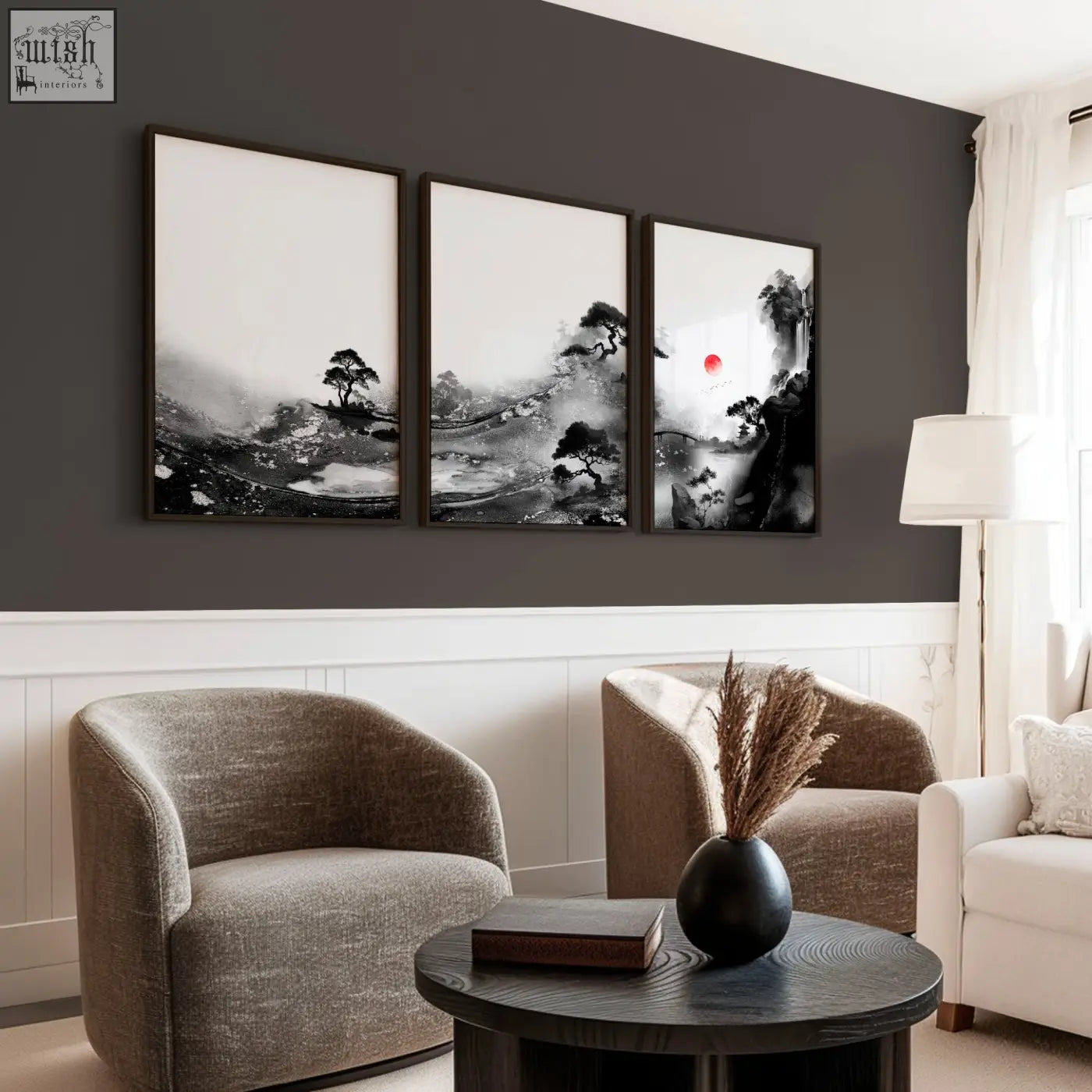 Black ceramic vase with dried pampas grass complements japanese ink landscape living room wall art set of 3