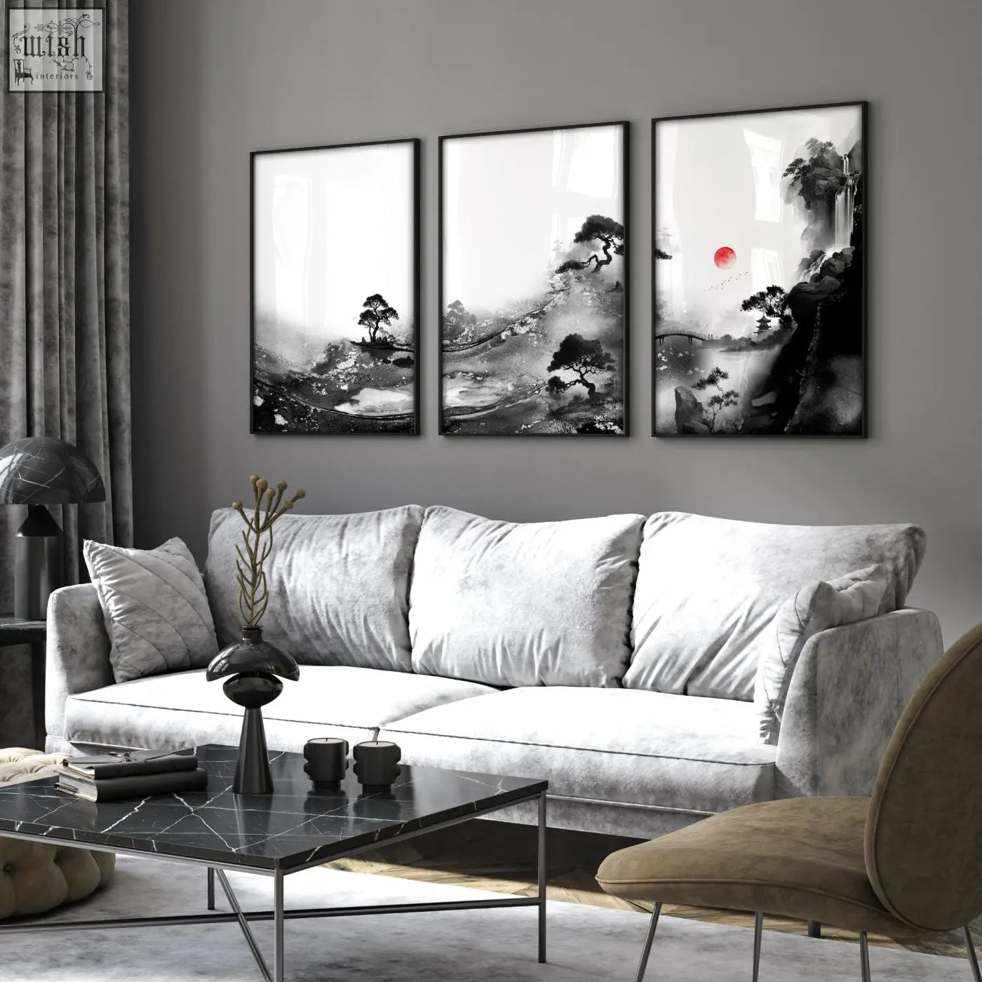 Black and white ink wash landscape triptych with a red sun wall art perfect for living room wall decor