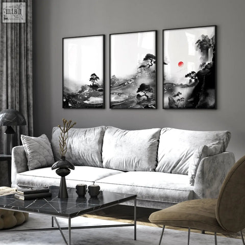 Black and white ink wash landscape triptych with a red sun wall art perfect for living room wall decor
