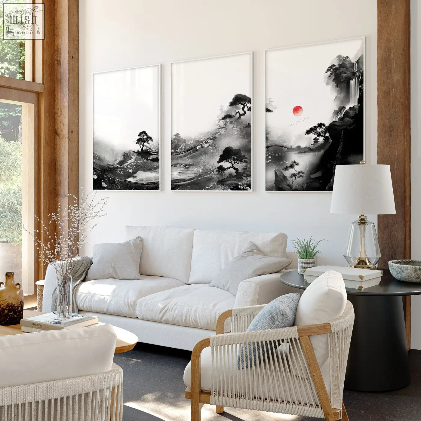 Three framed black and white ink wash living room wall art paintings of misty mountains with a red sun set of 3