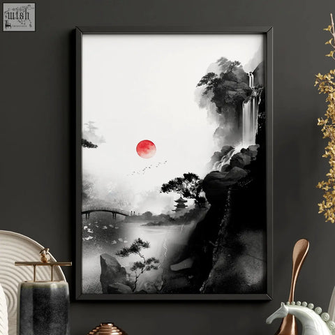 Black-framed living room wall art set of 3 with minimalist japanese ink landscape featuring red sun and misty waterfalls