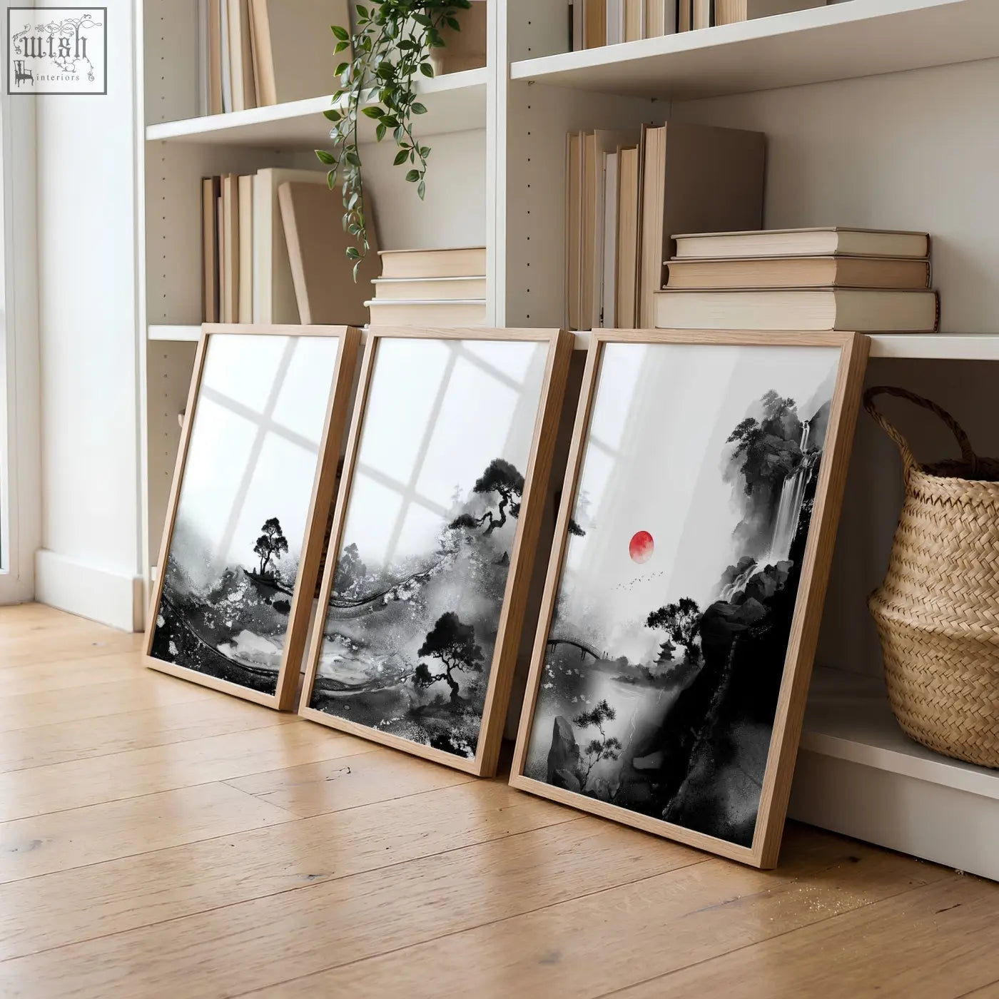 Three framed black and white japanese ink landscape prints with red sun in light wood frames for living room wall art