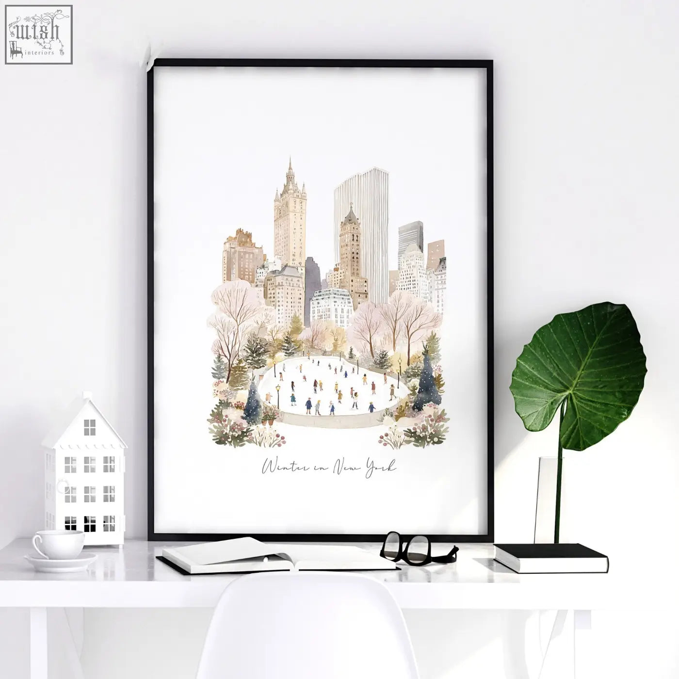 Framed beige watercolor living room wall art of winter in new york with ice rink trees and iconic buildings