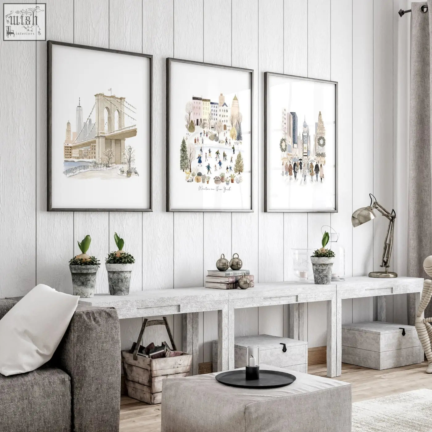 Three framed beige watercolor cityscape prints in black frames perfect for living room wall art set of 3
