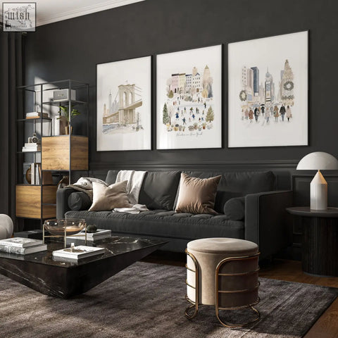 Dark gray velvet sofa with beige and taupe throw pillows in living room featuring winter in new york wall art set