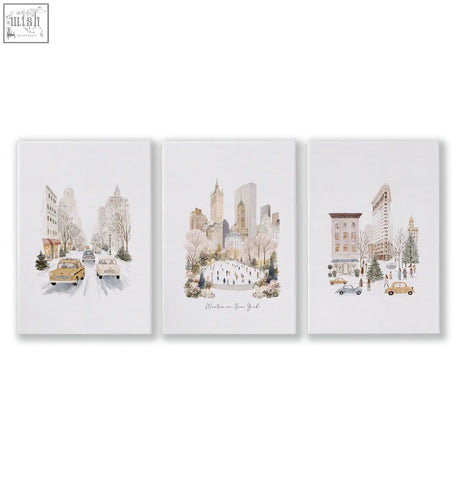 Set of three beige watercolor canvas wall art prints featuring snowy new york cityscapes perfect for living room wall decor