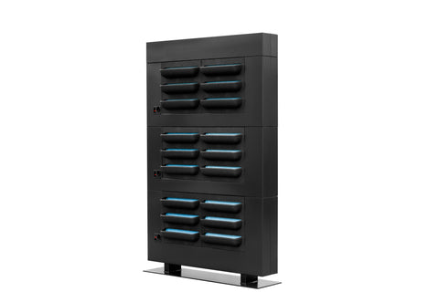 Black living wall divider 180.5cm with sleek electric vehicle charging station design and blue illuminated three tiers