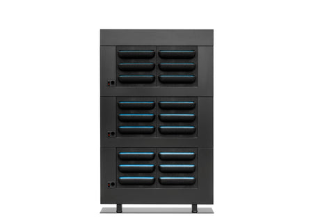 Black living wall divider 180.5cm with three-tiered electric vehicle charging station featuring glowing blue slots