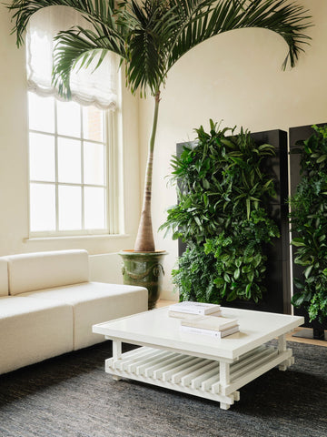 White square coffee table with lower shelf and slatted design for living wall divider 180.5cm black