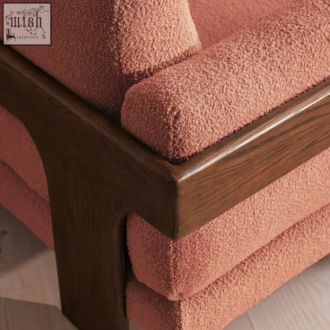 Liwanag three seater sofa in dusty rose textured boucle fabric with dark wood frame accents for cozy seating