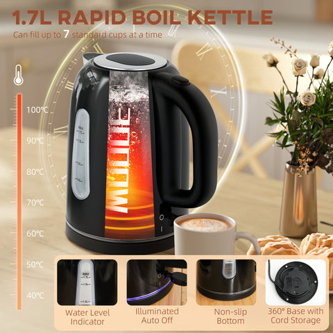 HOMCOM Simple Polished Toaster and Kettle Set - Black
