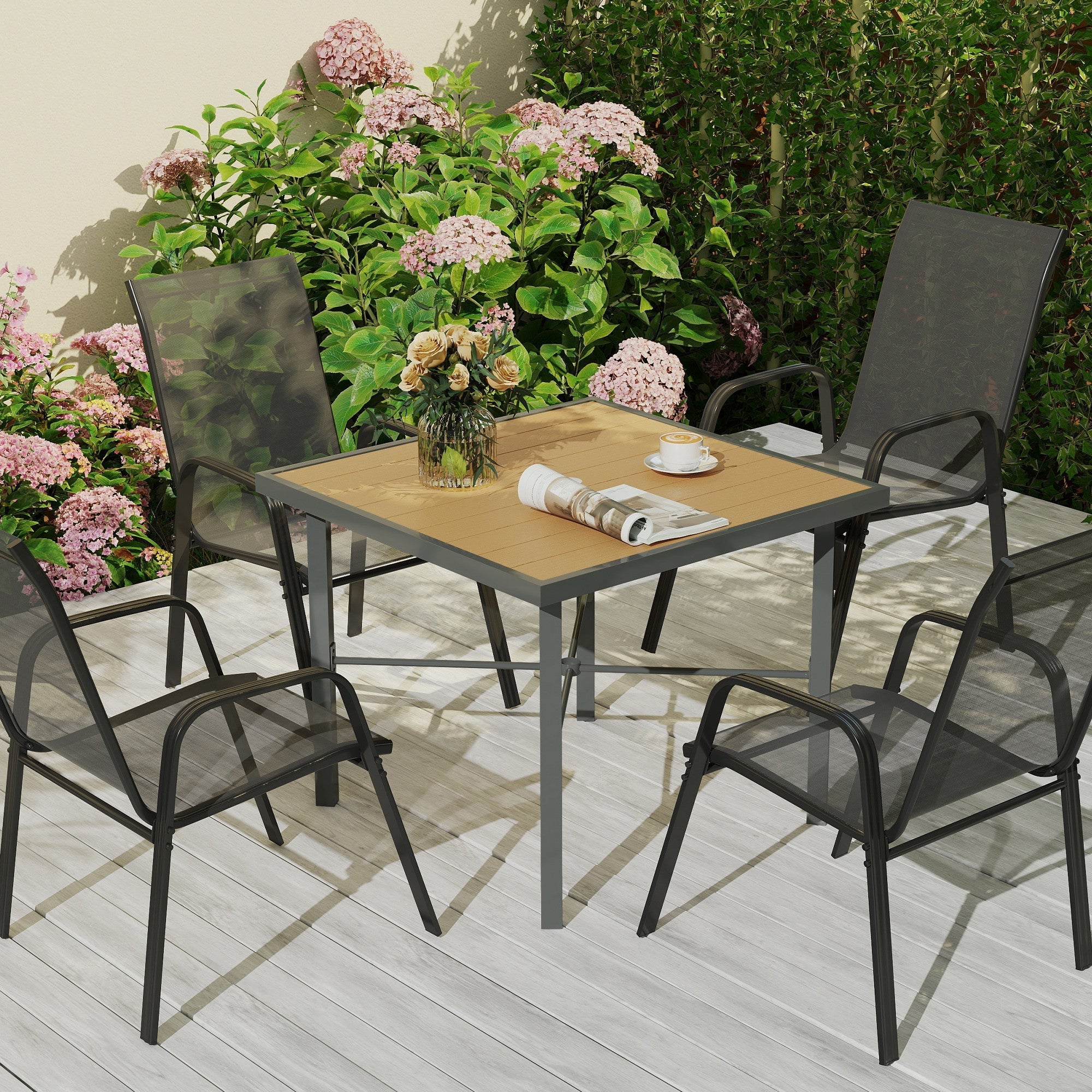 Outsunny Garden Table, 90cm Square Outdoor Patio Dining Table with 4.2 cm Umbrella Hole, Metal Frame, Wood Effect Top, for Terrace, Balcony, Natural Wood Finish