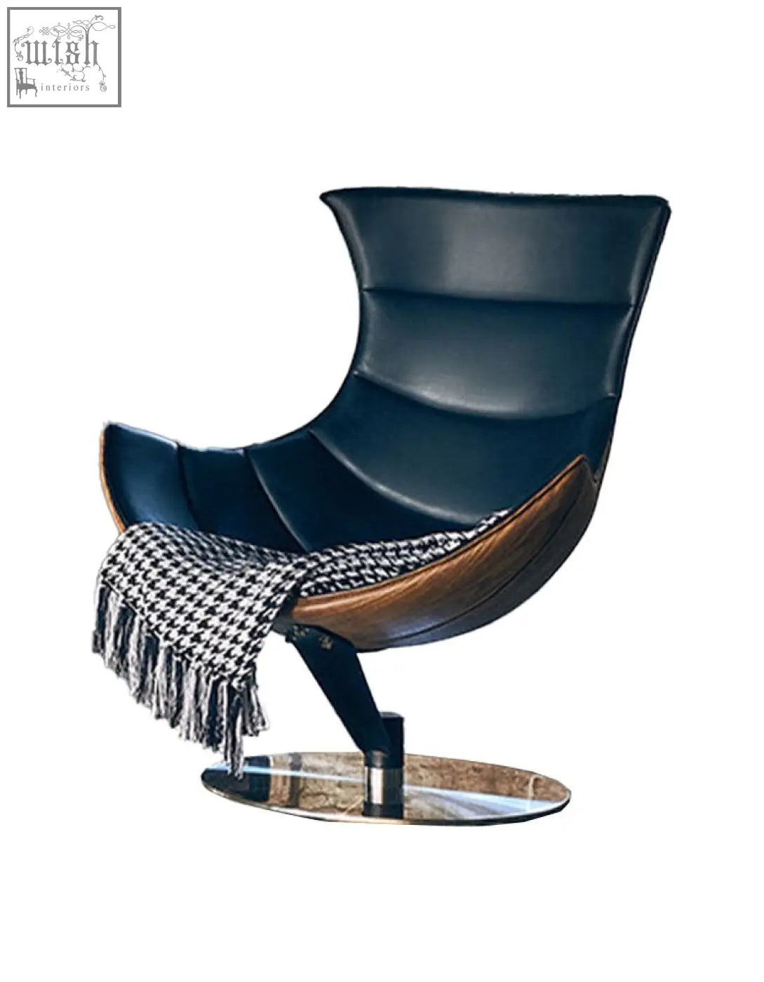 Elegant black leather lobster lounge chair with wooden accent and chrome base draped in houndstooth throw