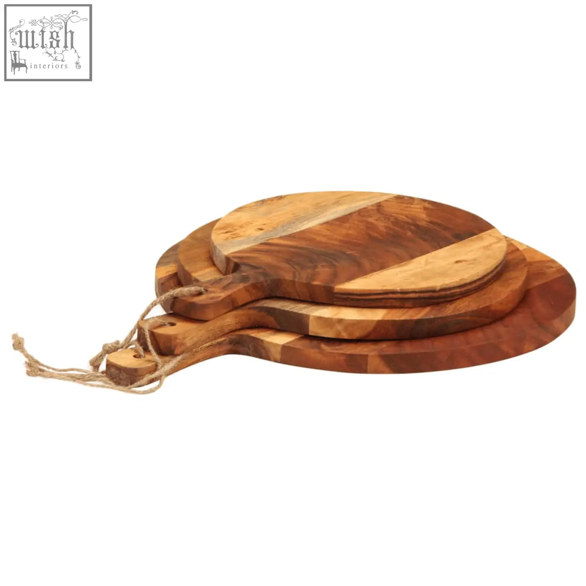 Set of three round lofra acacia wood chopping boards with natural grain and rustic handles tied with twine strap