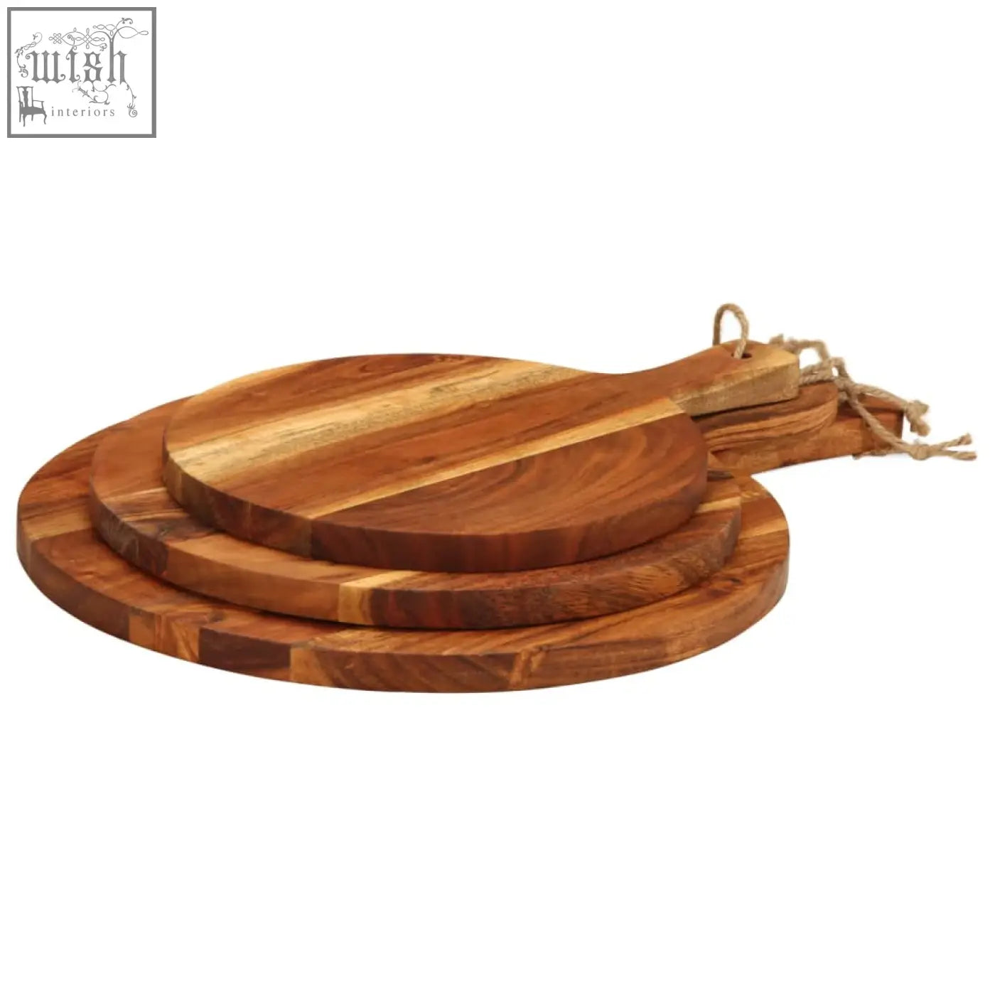 Set of three round lofra acacia wood chopping boards with natural grain and rustic twine handles in 25 30 36cm sizes