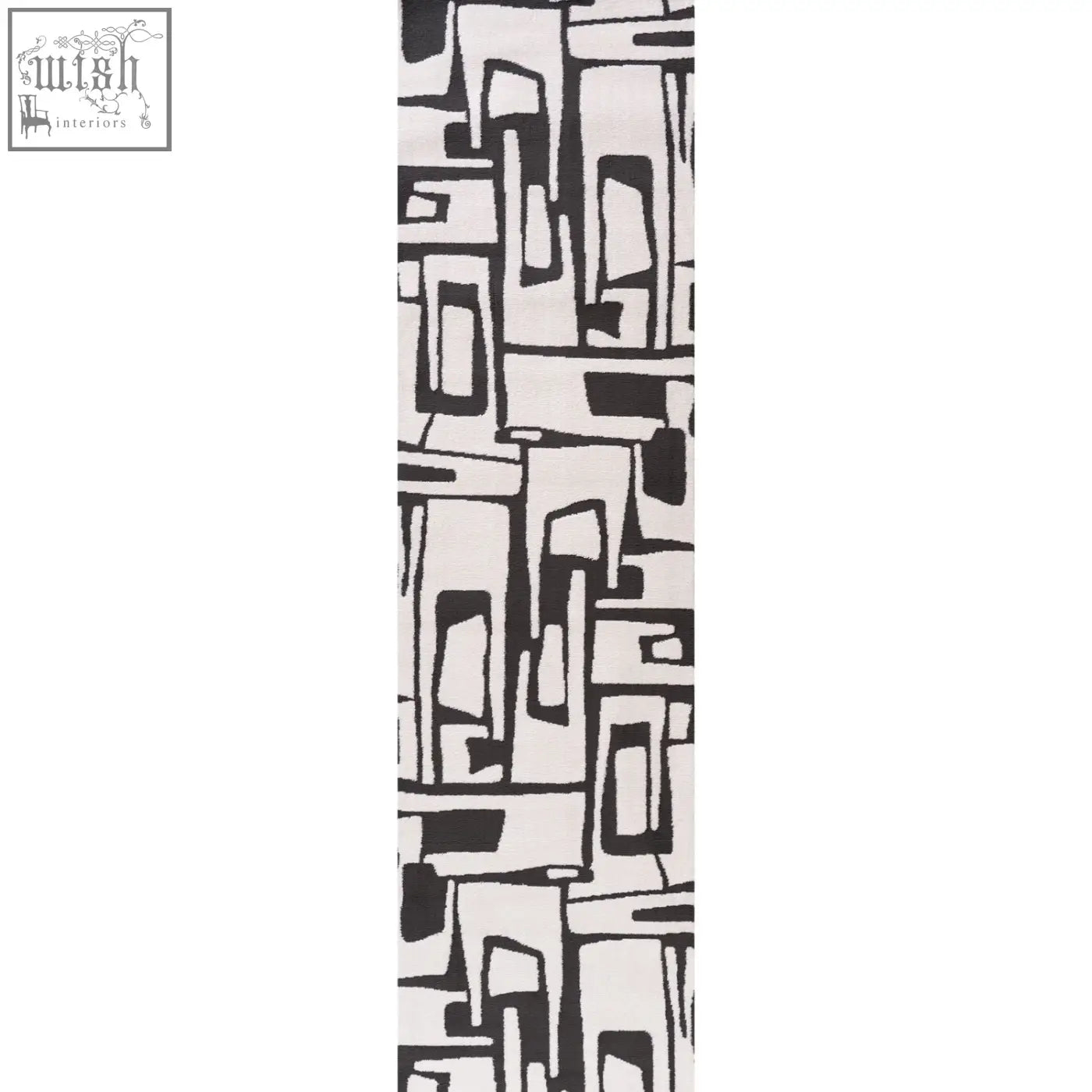 A long rectangular loft abstract dark grey rug with bold black and white abstract dark grey geometric pattern
