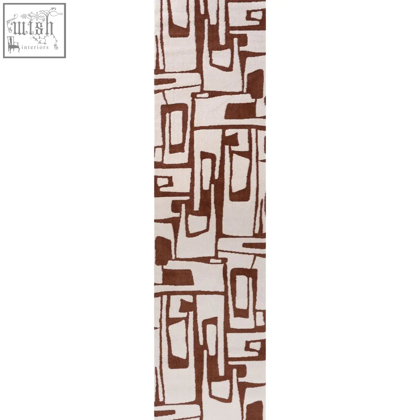 A long narrow loft abstract terra rug with an abstract geometric pattern in brown and cream copper terra tones
