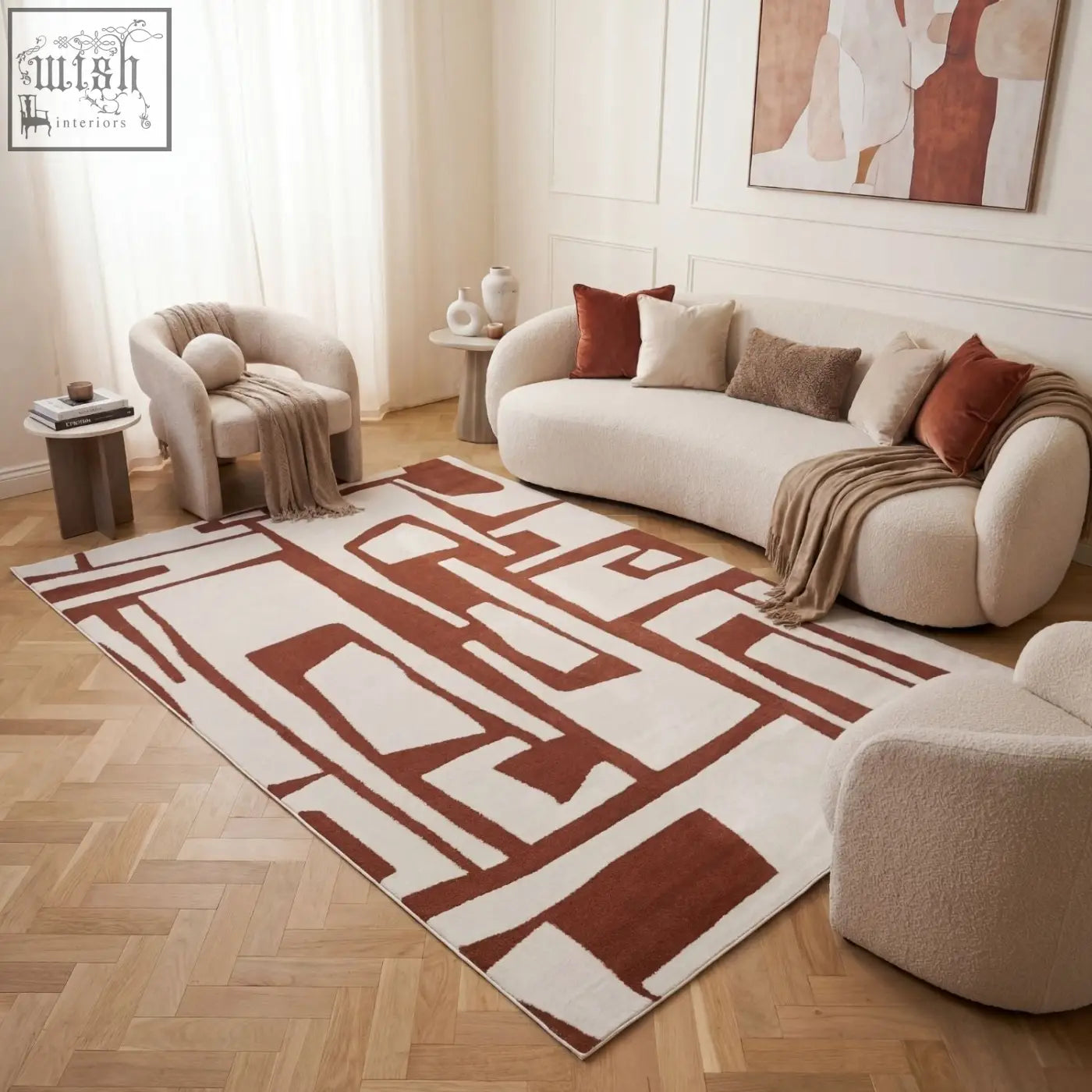 Cream-colored plush loft abstract terra rug with bold copper terra geometric patterns for cozy living spaces