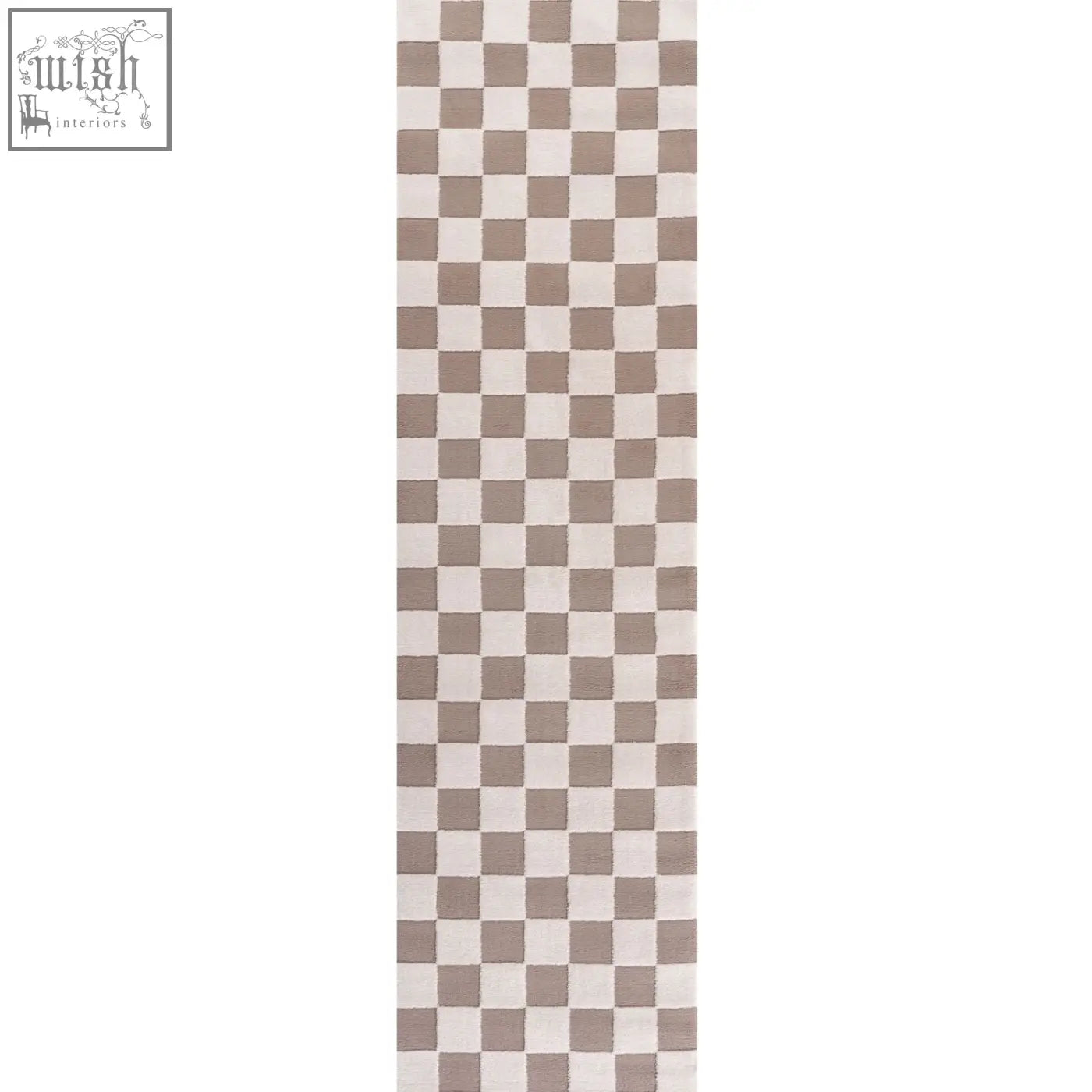 A long narrow runner rug featuring a classic loft checkerboard beige pattern in alternating beige and off-white squares